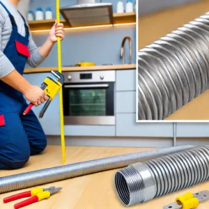 A worker is installing corrugated stainless steel tube (CSST) natural gas pipes in a modern kitchen.